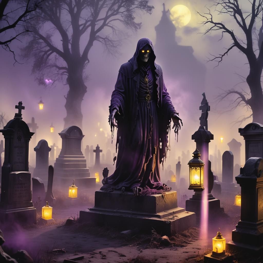Demonic Entity in Mist-Filled Cemetery: Dark Fantasy Art