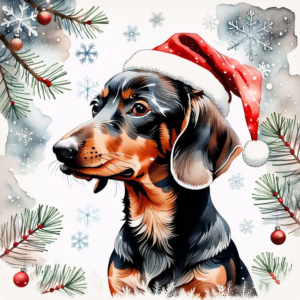 Festive Dachshund in Winter Wonderland: Watercolor Double Ex...