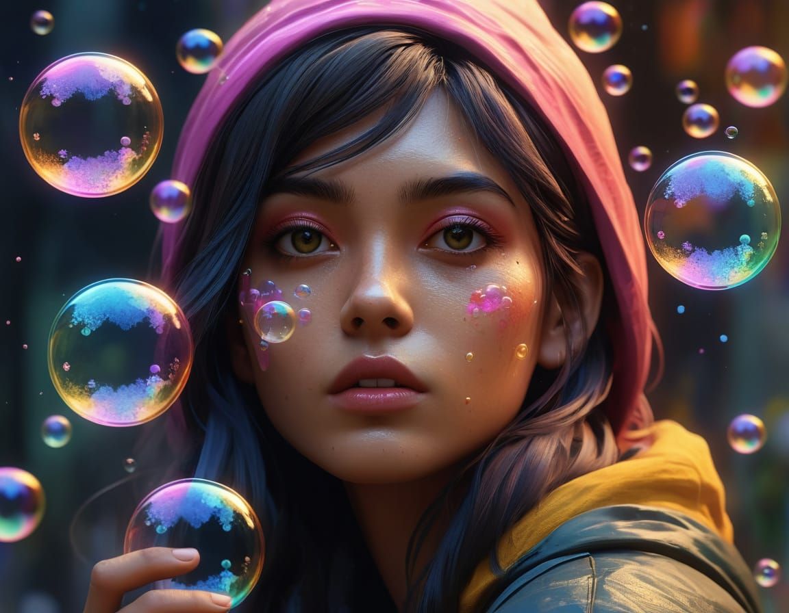 Girl Blowing Bubbles as Detailed Oil Painting