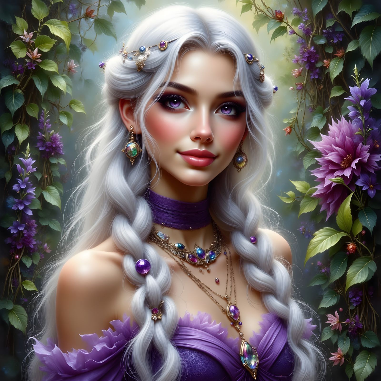 Norse Goddess Portrait with Silver Braids and Violet Accents