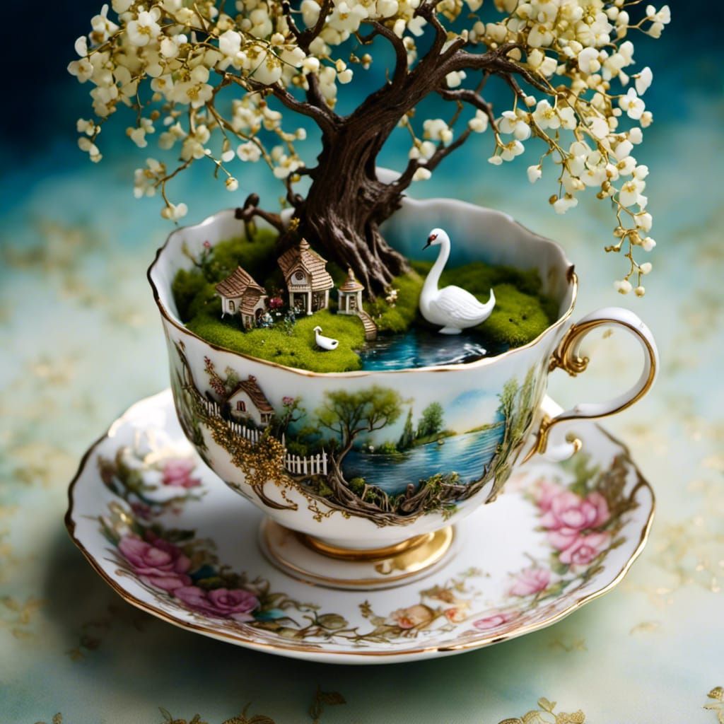 Fantastical Garden Inside Ornate Teacup with Swan