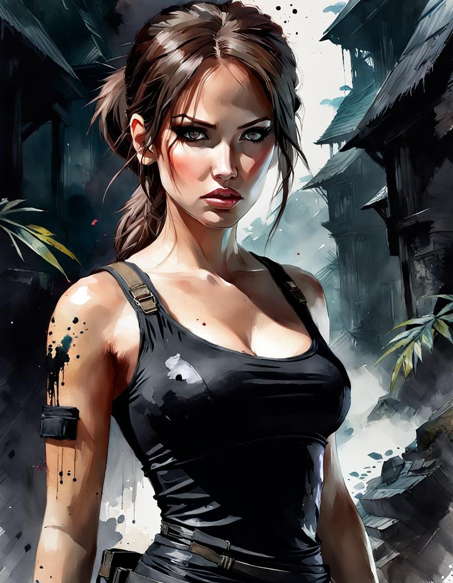 Gothic Lara Croft Portrait in Watercolor Manga Style