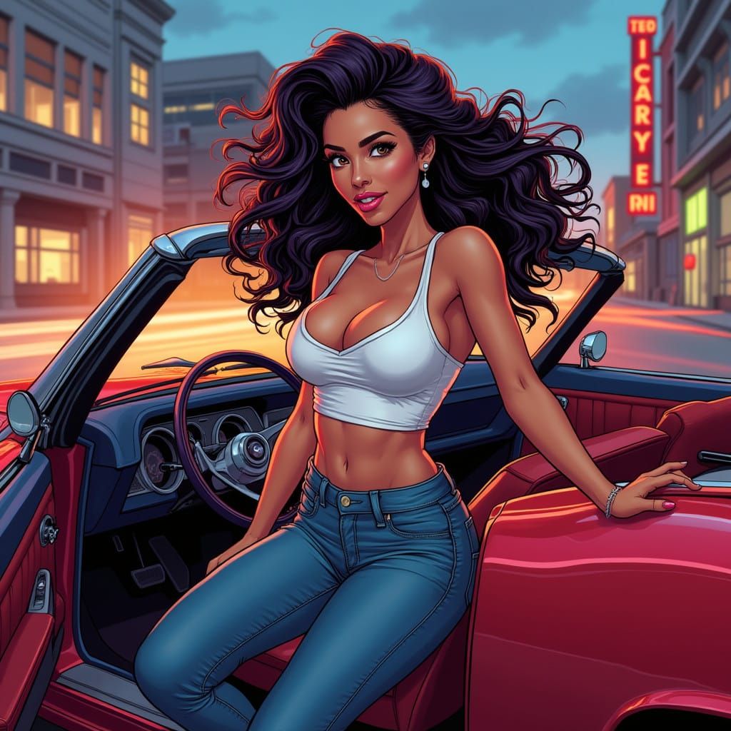 Sassy Woman Cruisin' Downtown in Cherry-Red Convertible, Gra...