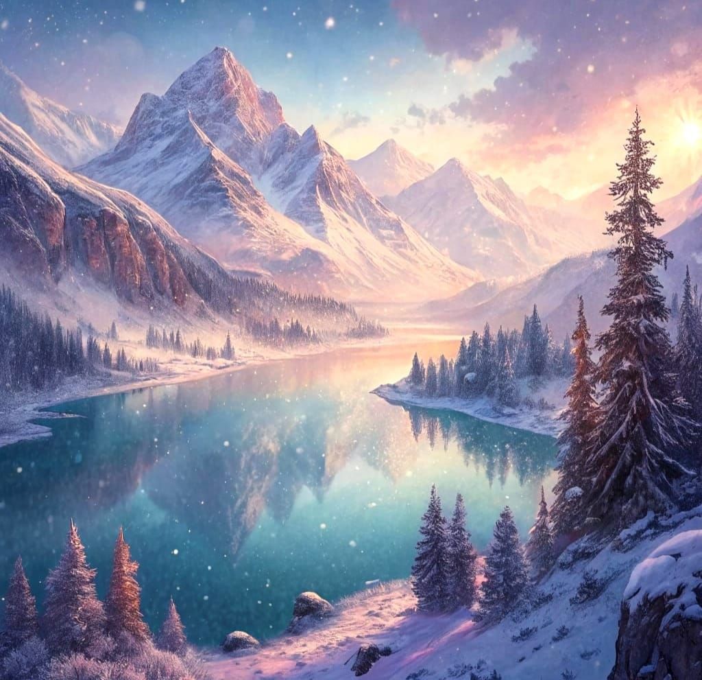 Winter Mountain Lake in Impressionist Watercolor