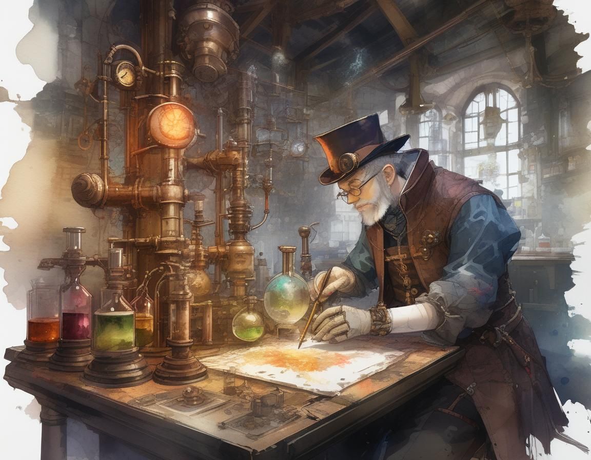 Steampunk Alchemist in Watercolor Laboratory