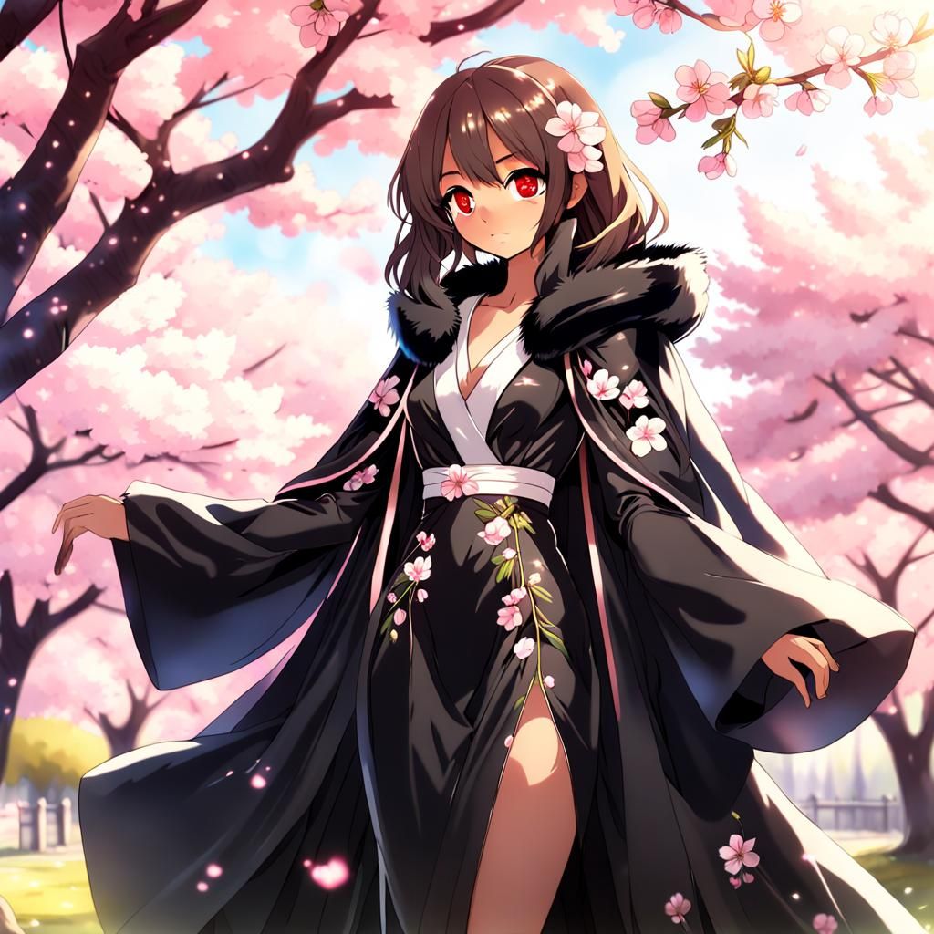 Anime Woman in Bridal Gown Under Cherry Blossoms