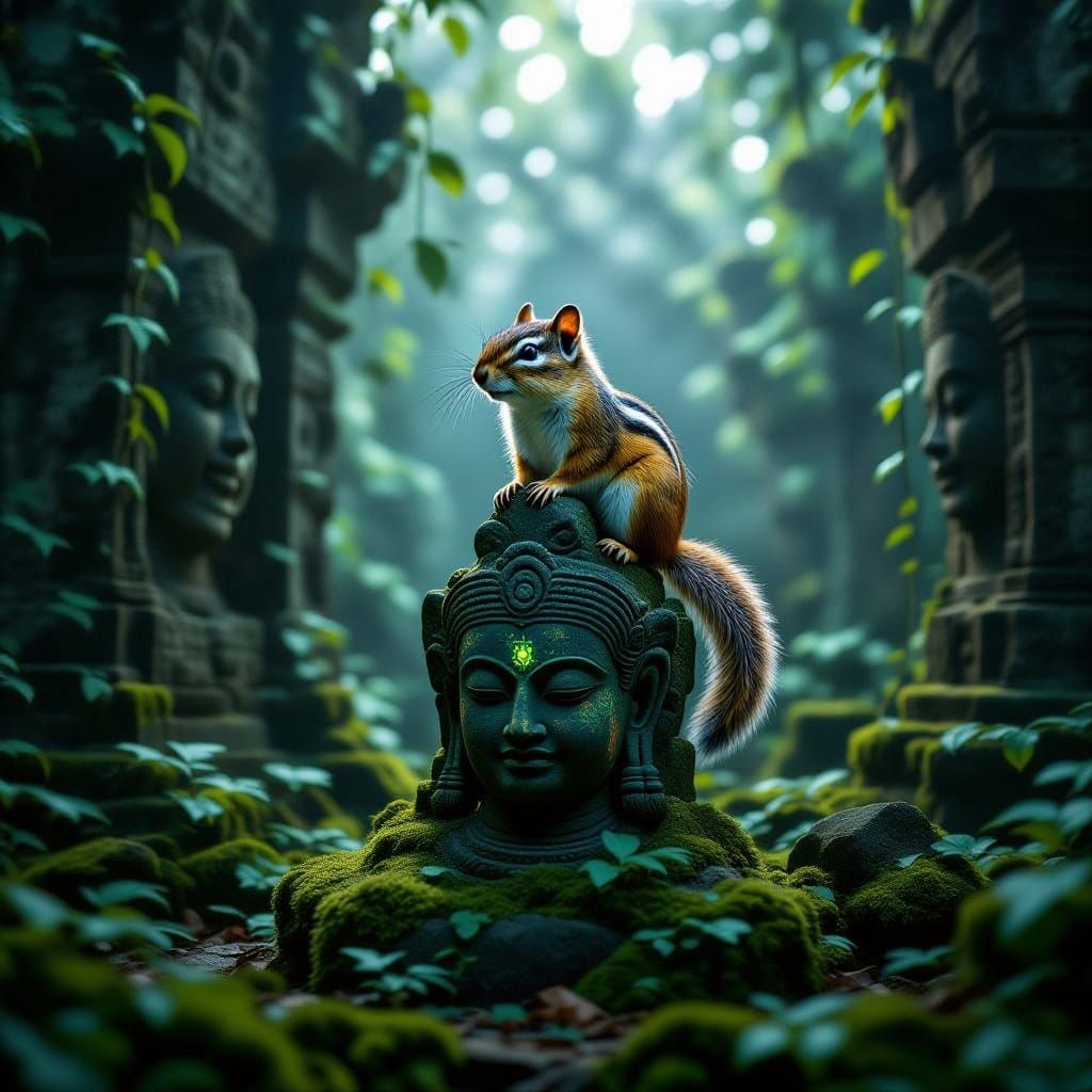 Bio-Luminescent Chipmunk on Ancient Statue in Jungle Temple