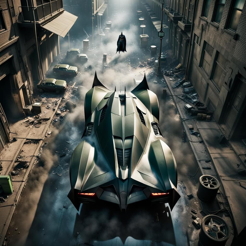 Batman in Gotham City with Batmobile