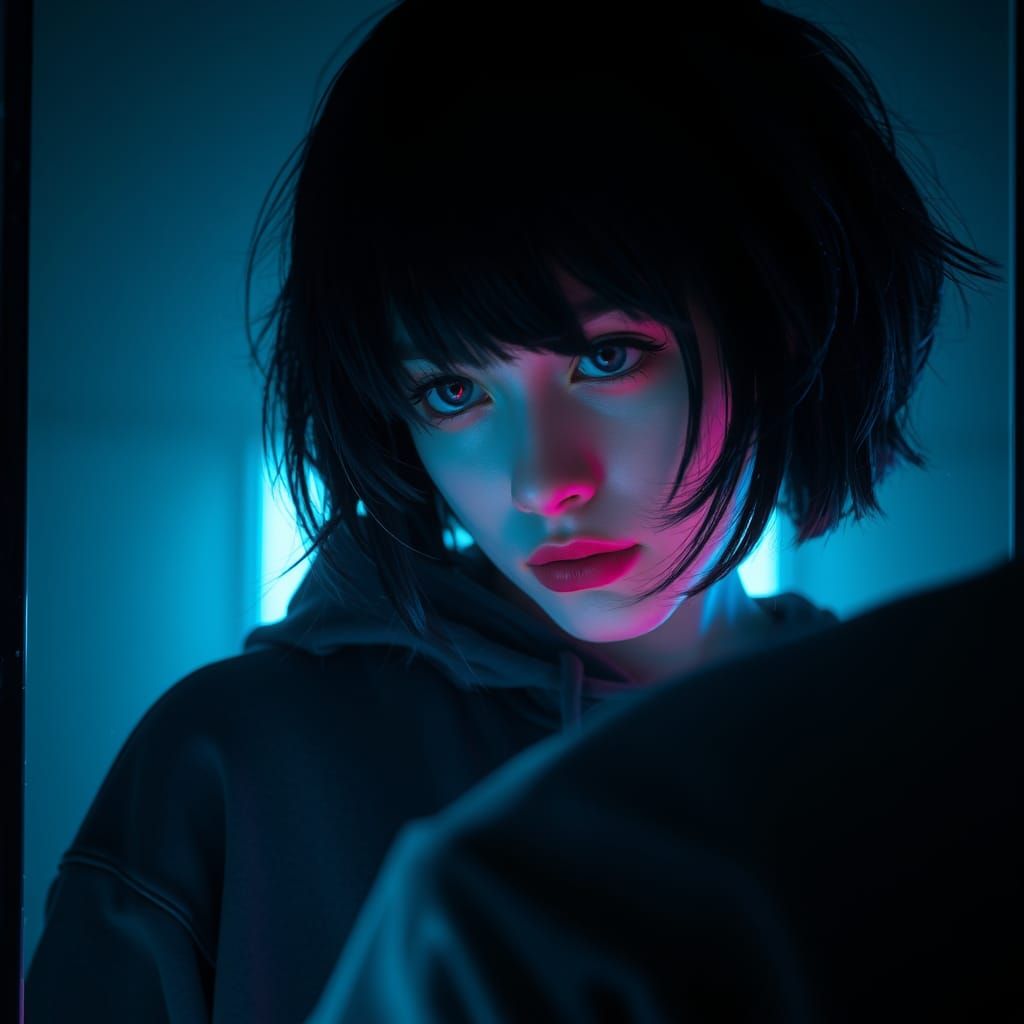 Surreal Woman Gazing into Mirror in Synthwave Lighting