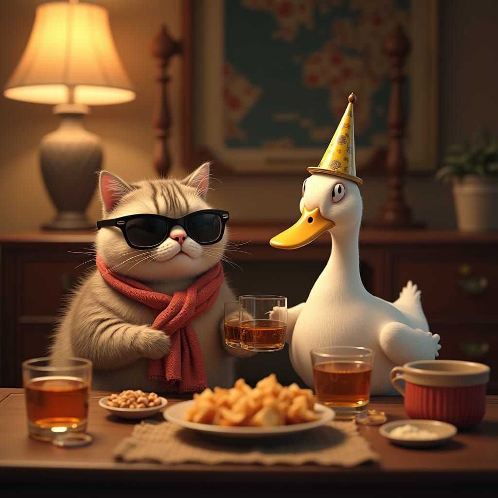 Humorous Cat and Duck Party Scene in 3D