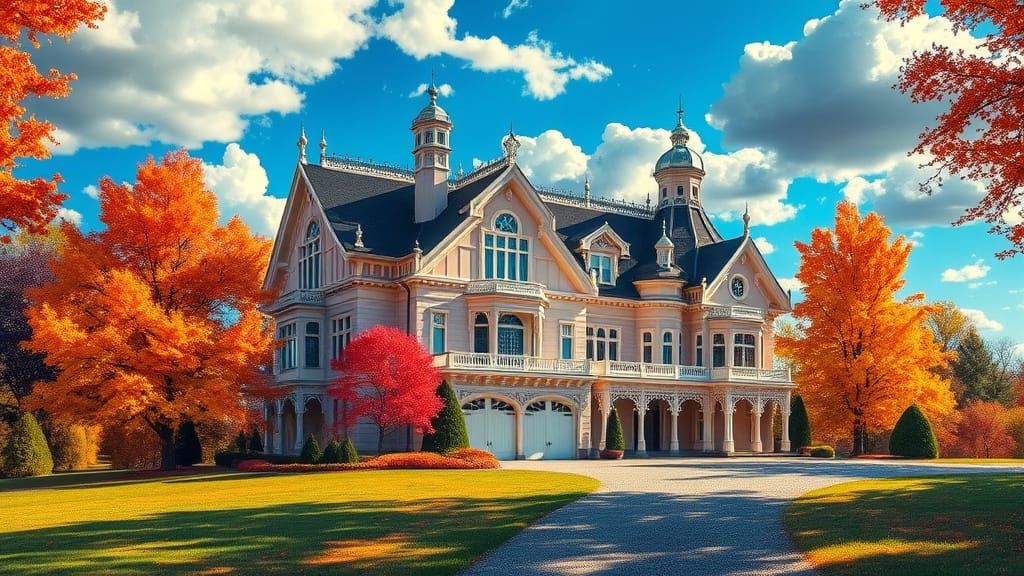 Ethereal Victorian Mansion Amidst Vibrant Trees and Celestia...