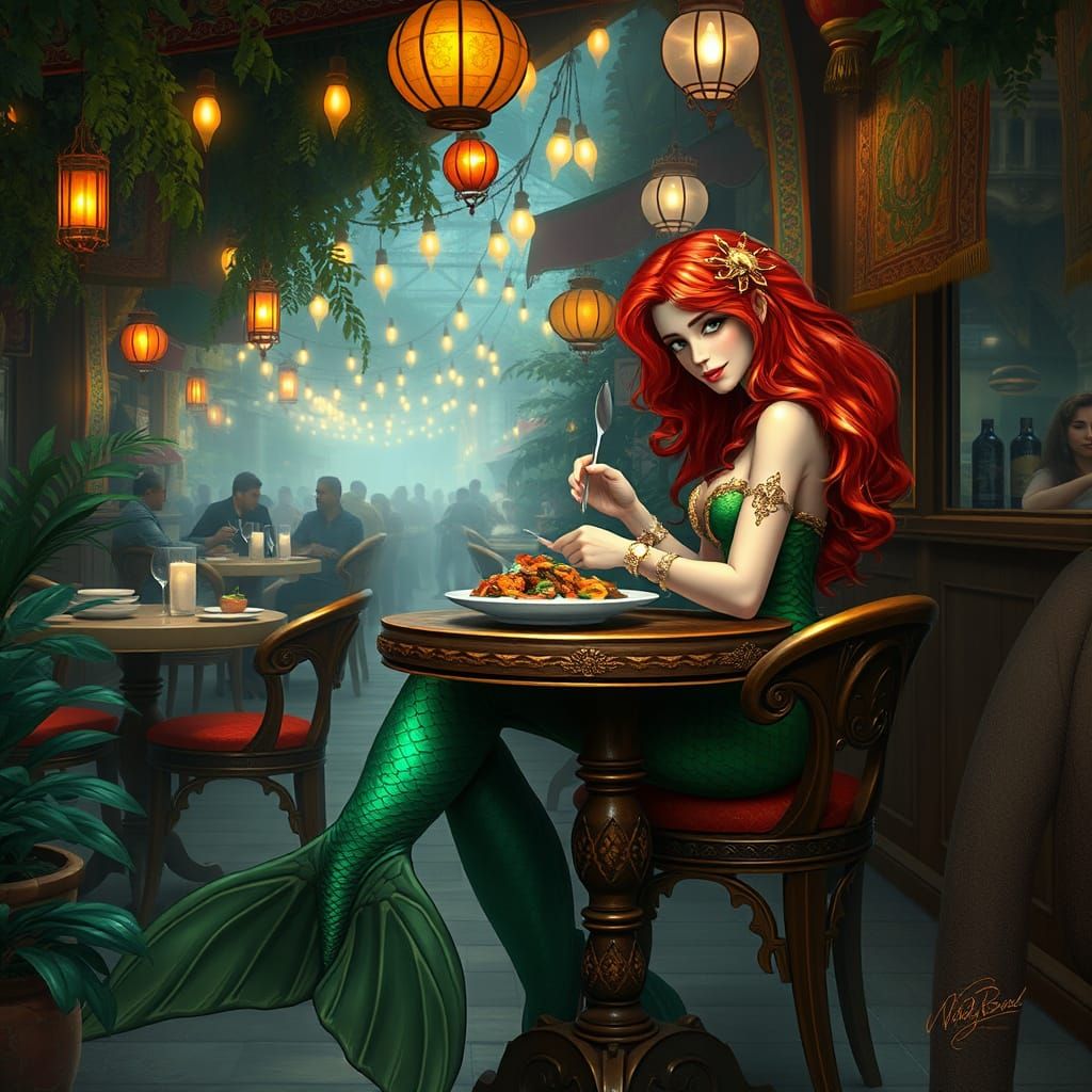 Mermaid in a Bombay Cafe: Vibrant Red-Haired Siren Savoring ...