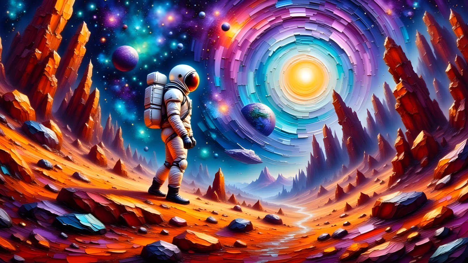 Impasto Astronaut on a Rocky, Mysterious Planet