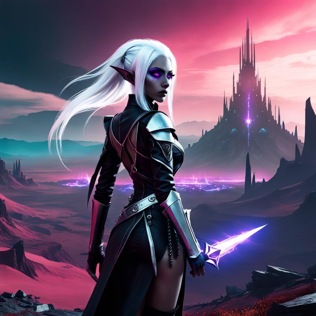 Dystopian Neonpunk Dark Elf in Post-Apocalyptic Landscape