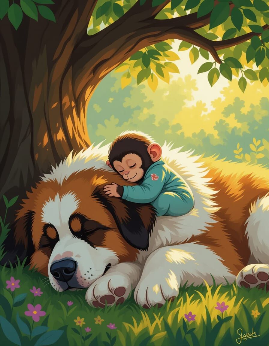 Monkey and Dog Sleeping Peacefully in Fantasy Art