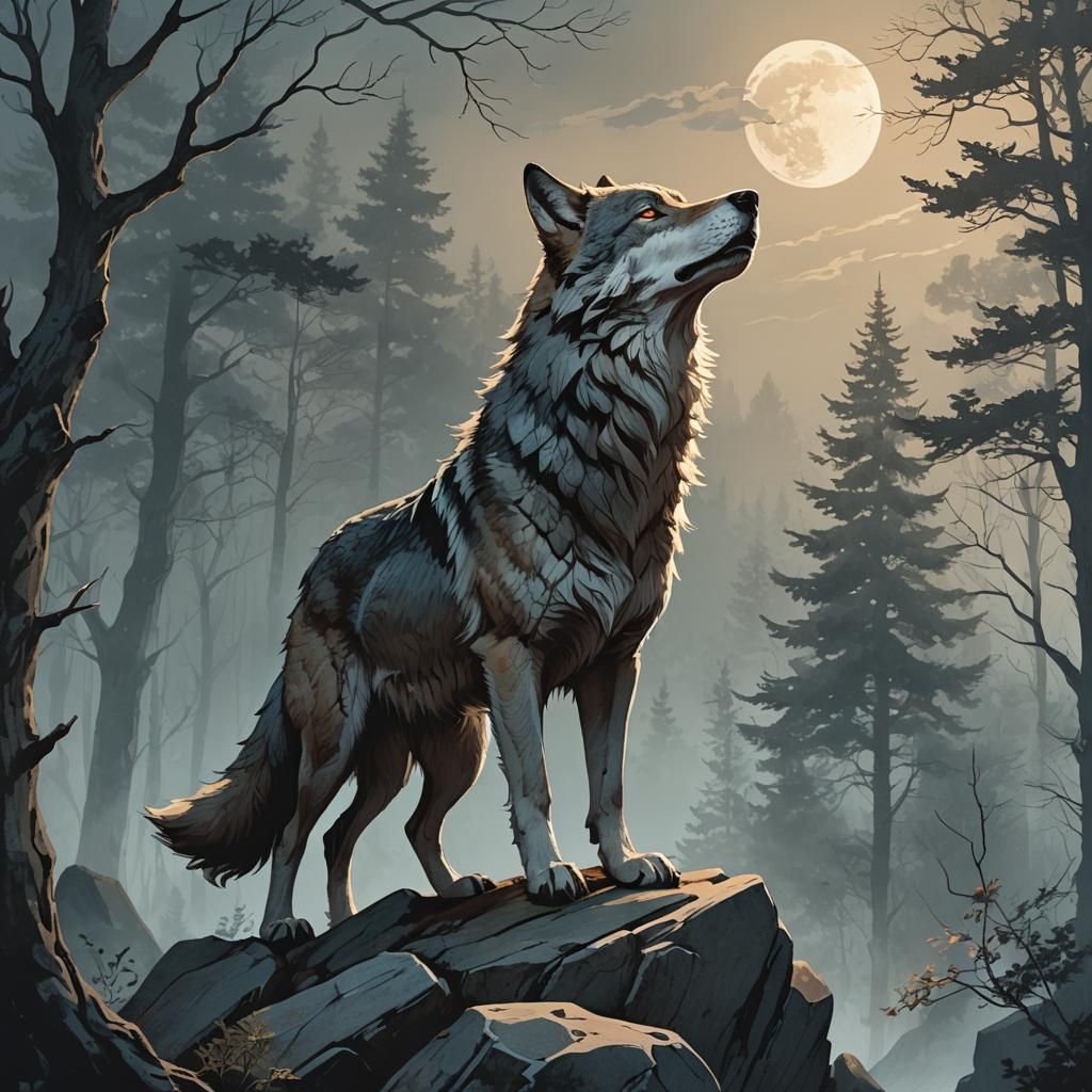 Wolf Overlooking Misty Forest in Ethereal Moonlight