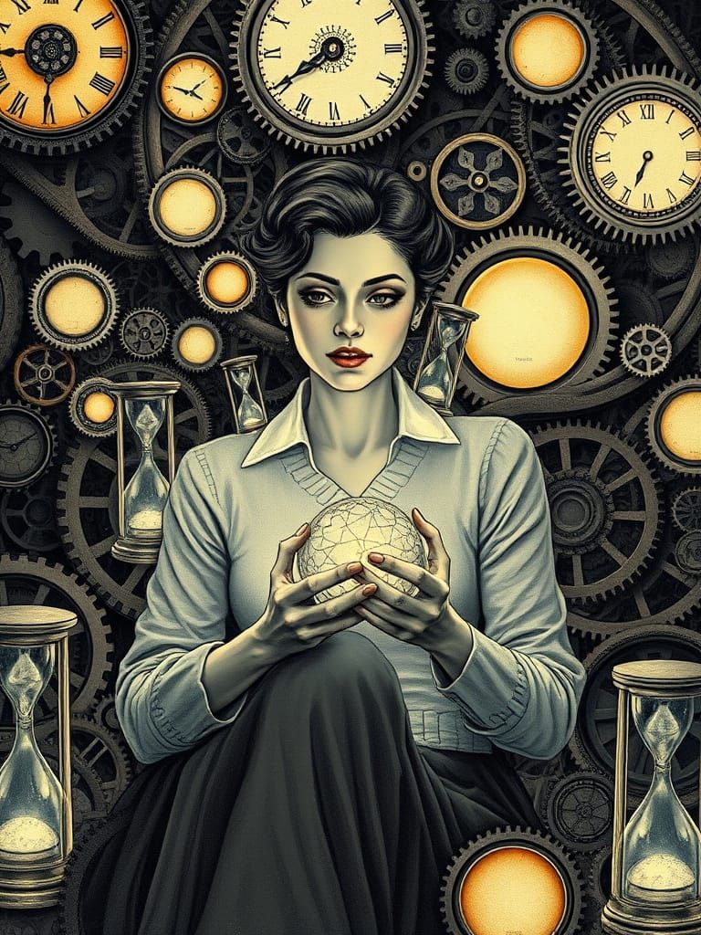 Serene Woman in Clockwork Vortex of Insight