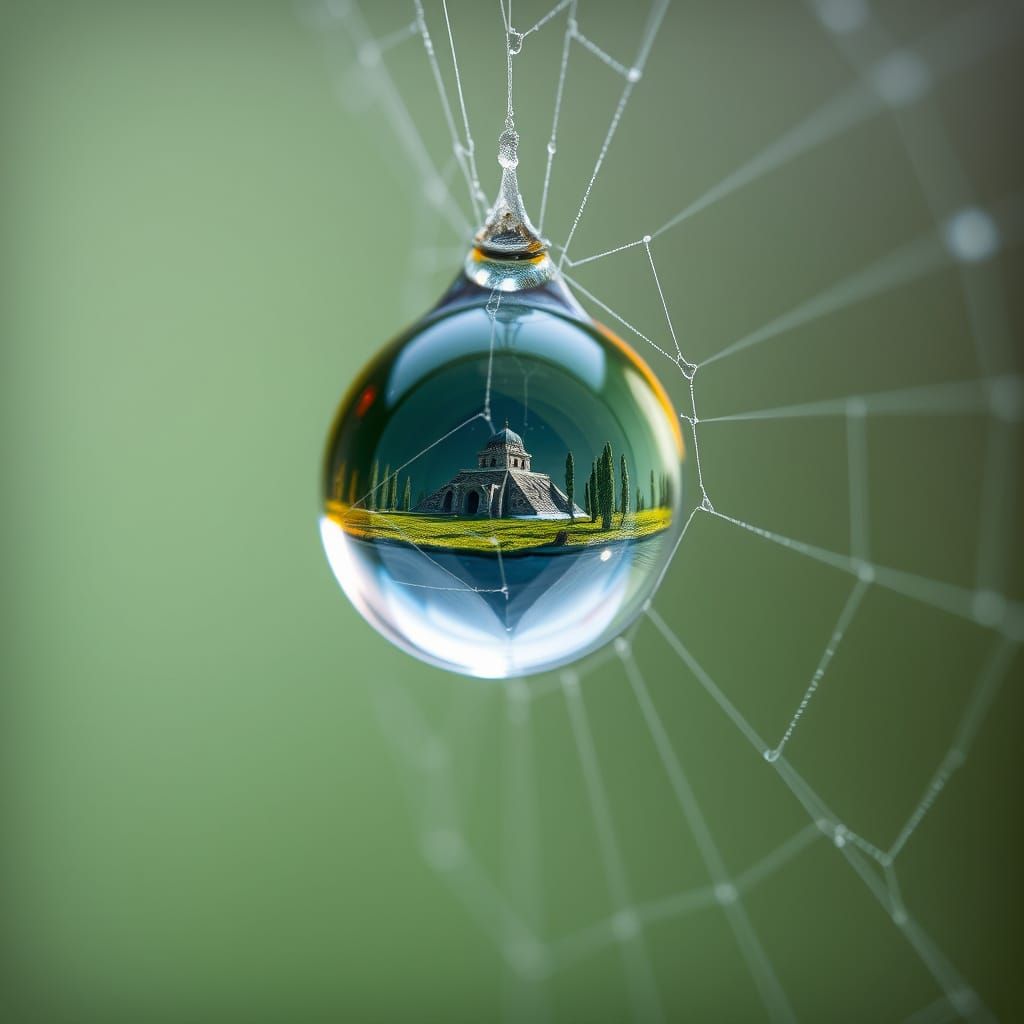 Dewdrop Miniature World Reflected on Spiderweb in Hyperreali...