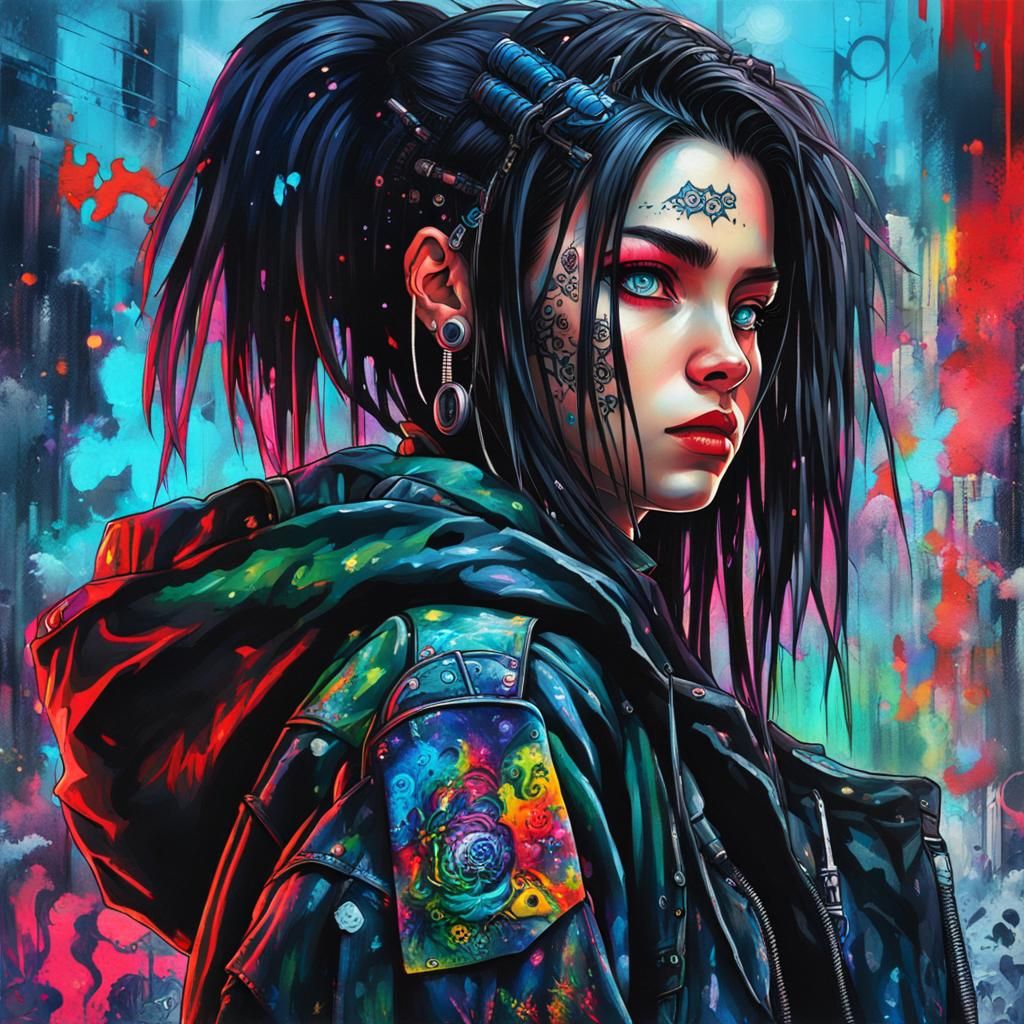ultra detailed 8k cg, handsome Cyberpunk girl, 18 years, punkstyled long greenstreaked black hair, punkstyle clothes, hy...