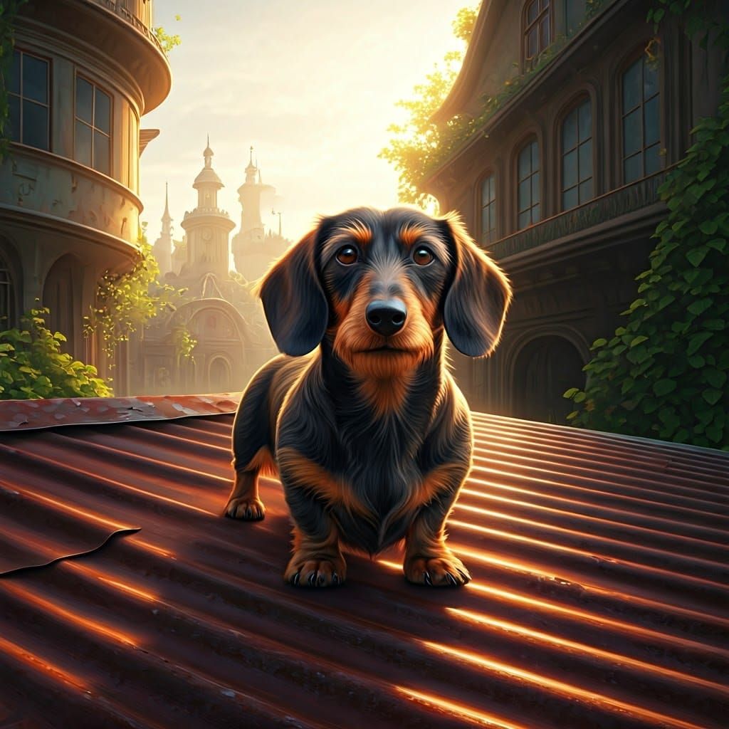Dachshund on Rusty Roof in Golden Hour Light