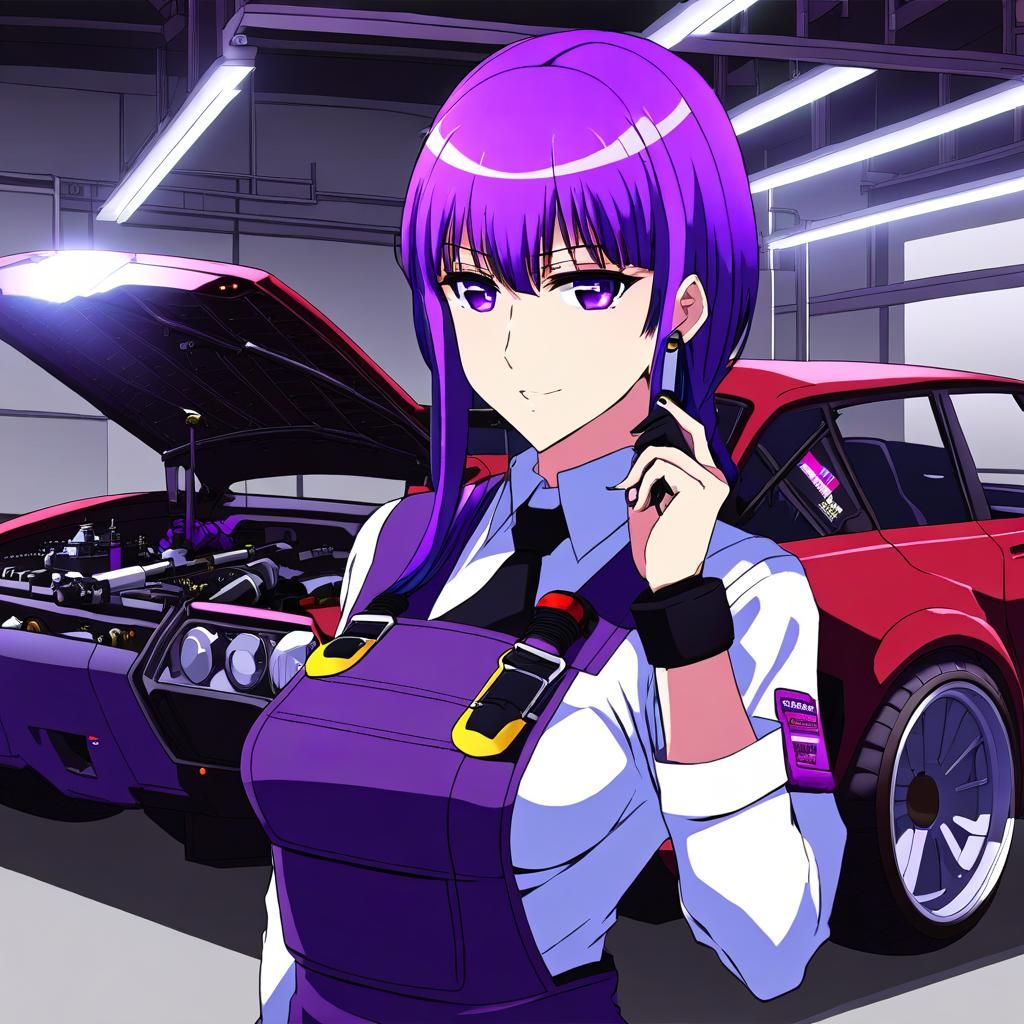 Anime Style Transgender Purple Hair Mechanic