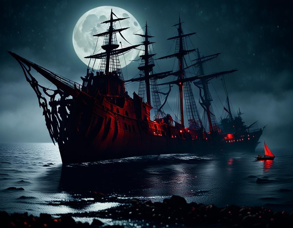 Damaged Frigate with Red Sails in Moonlight