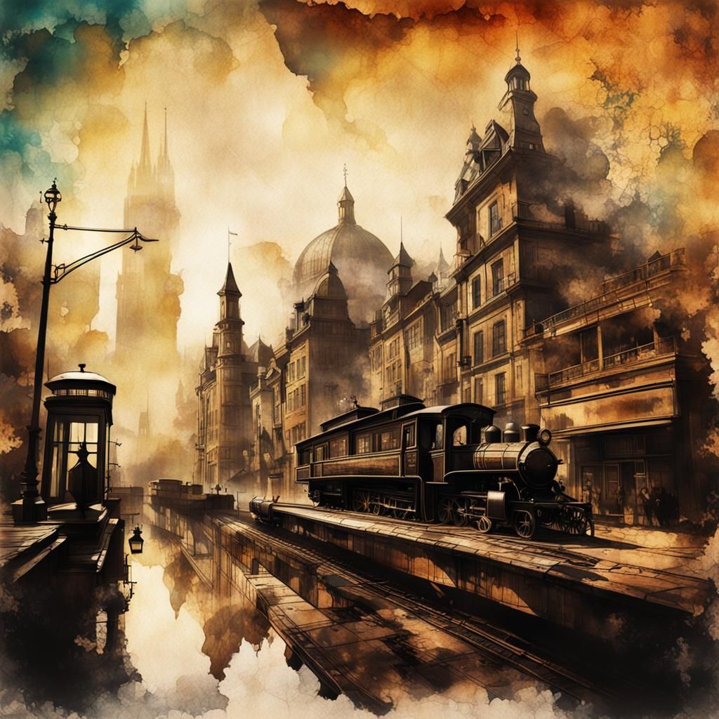 Steampunk Skyline Double Exposure in Ink Painting Style