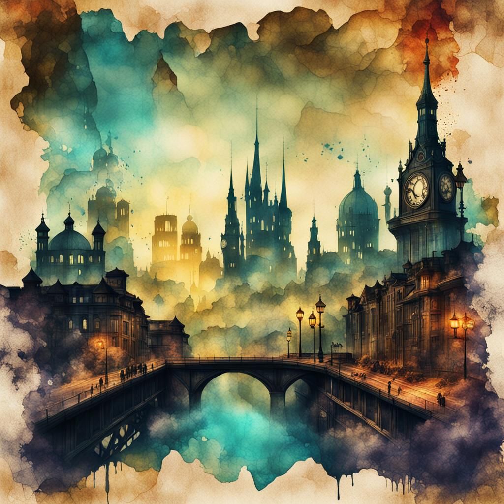 Steampunk Skyline Double Exposure in Ink Style