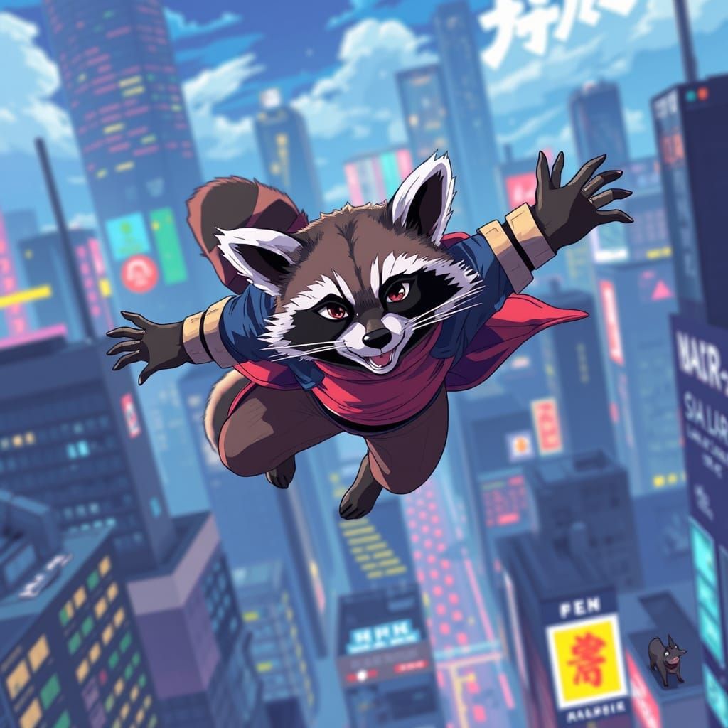 Anime Raccoon Superhero Soaring Through City Skies