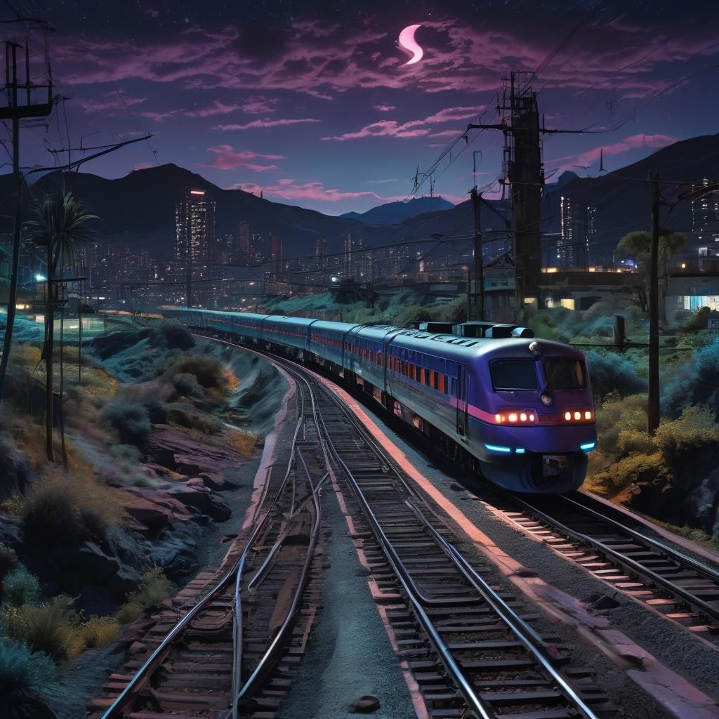 Surreal Night Train Speeding Through Dreamscape