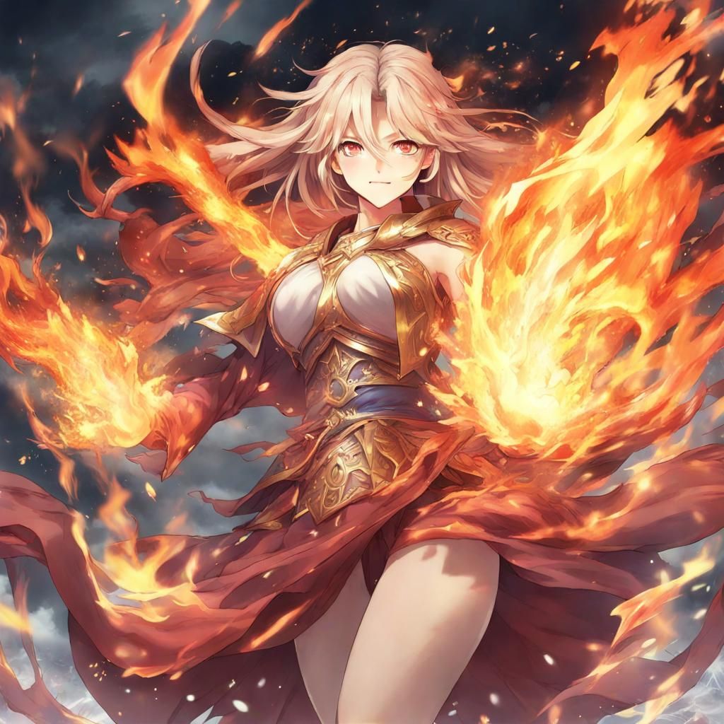 Fiery Anime Woman: A Holy Elemental in Manga Style