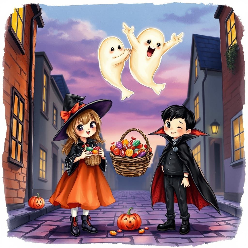 Whimsical Halloween Scene with Ghosts, Witch, and Vampire