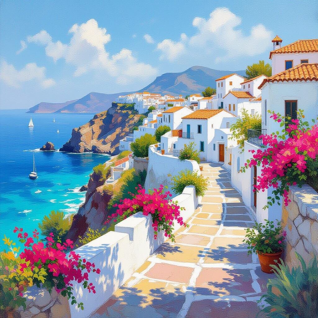 Sun-Drenched Mediterranean Coastline in Impressionistic Styl...
