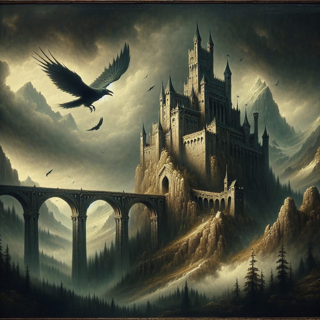 Medieval Castle on Mountain Peak with Ravens