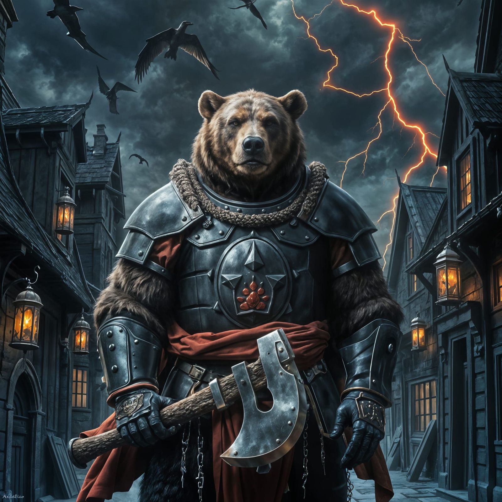 Dark Fantasy Bear Warrior in Gothic Village