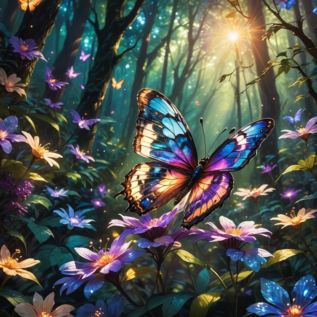 Butterfly on Iridescent Flower in Mystical Forest