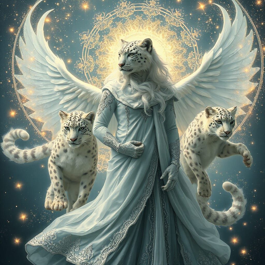 Celestial Snow Leopard Dryad in Art Nouveau Style