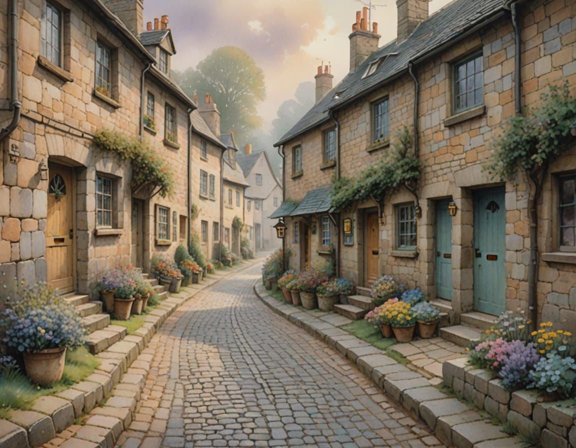 Cobblestone Street in Quaint Village: Watercolor Art