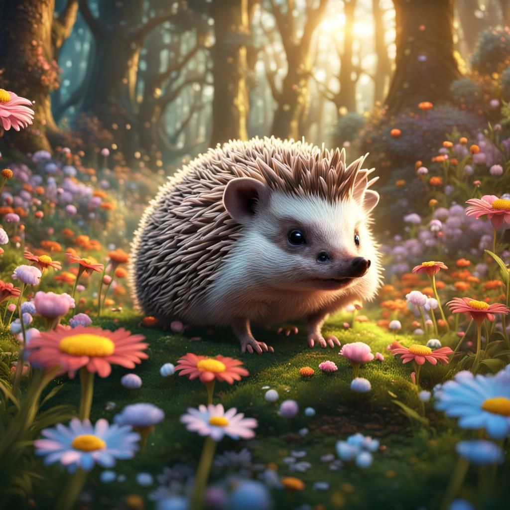 Hedgehog in Flower Forest: Detailed Matte Painting