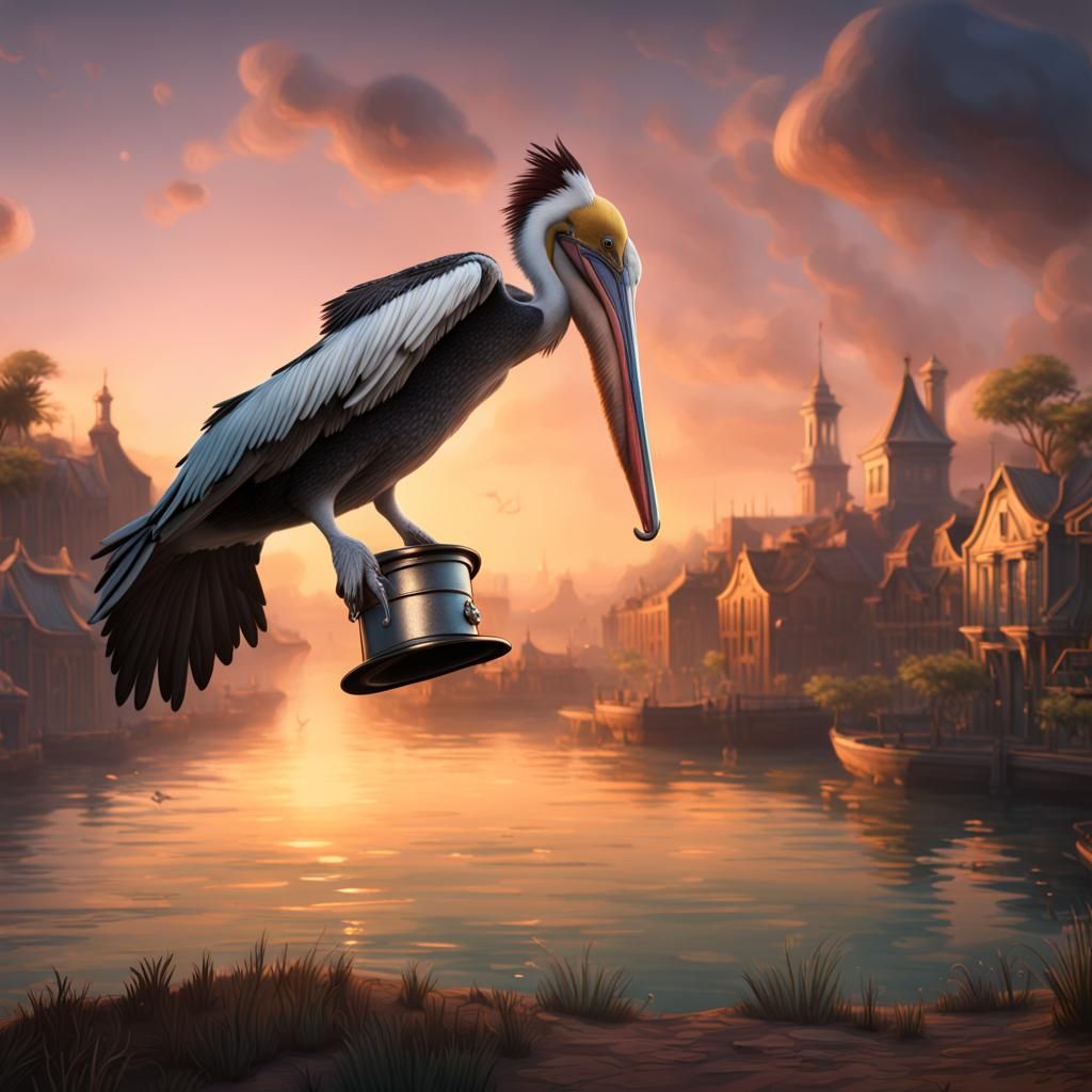 Pelican in Top Hat: Detailed Matte Painting