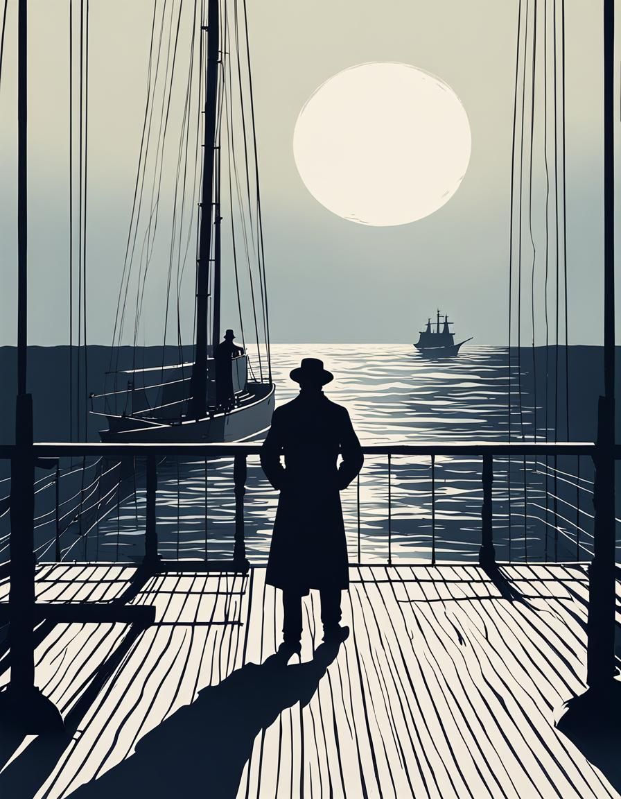 Merchant Gazing at Ocean: Minimalist Silhouette