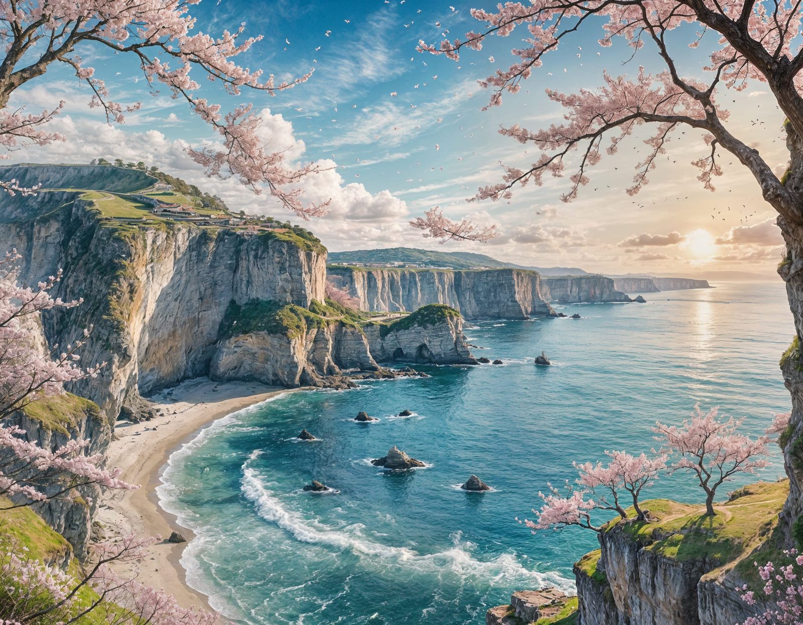 Cliffs and Cherry Blossoms Over Ocean