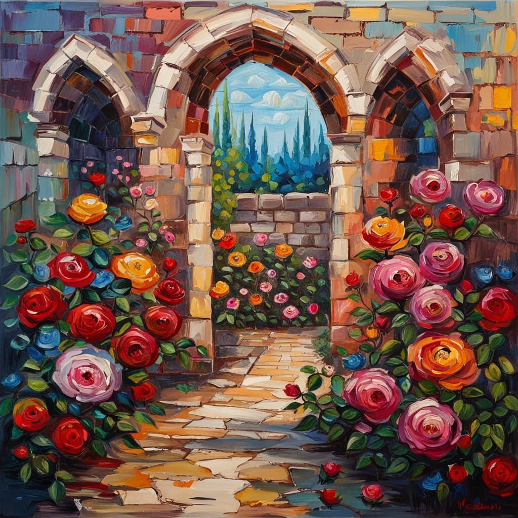 Medieval Rose Garden Impasto Oil Painting