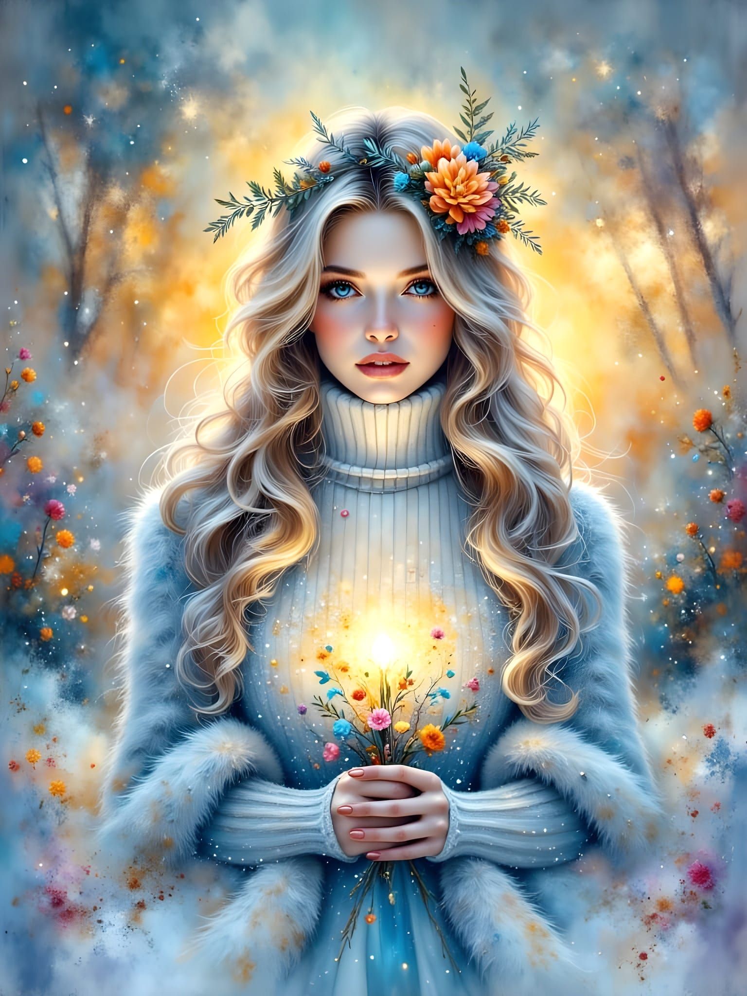 Woman in Winter Garden Portrait, Art Nouveau Style