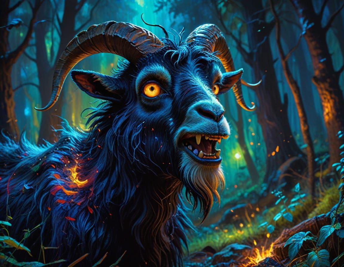 Demonic Goat Screaming in Dark Forest, Expressionist Oil Pai...