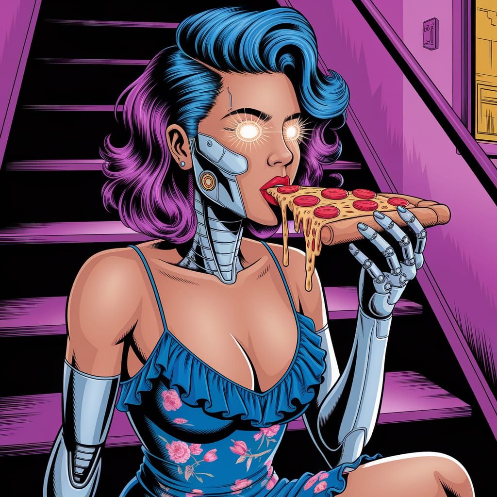 Cybernetic Woman Eating Pizza in Pulp Comic Style