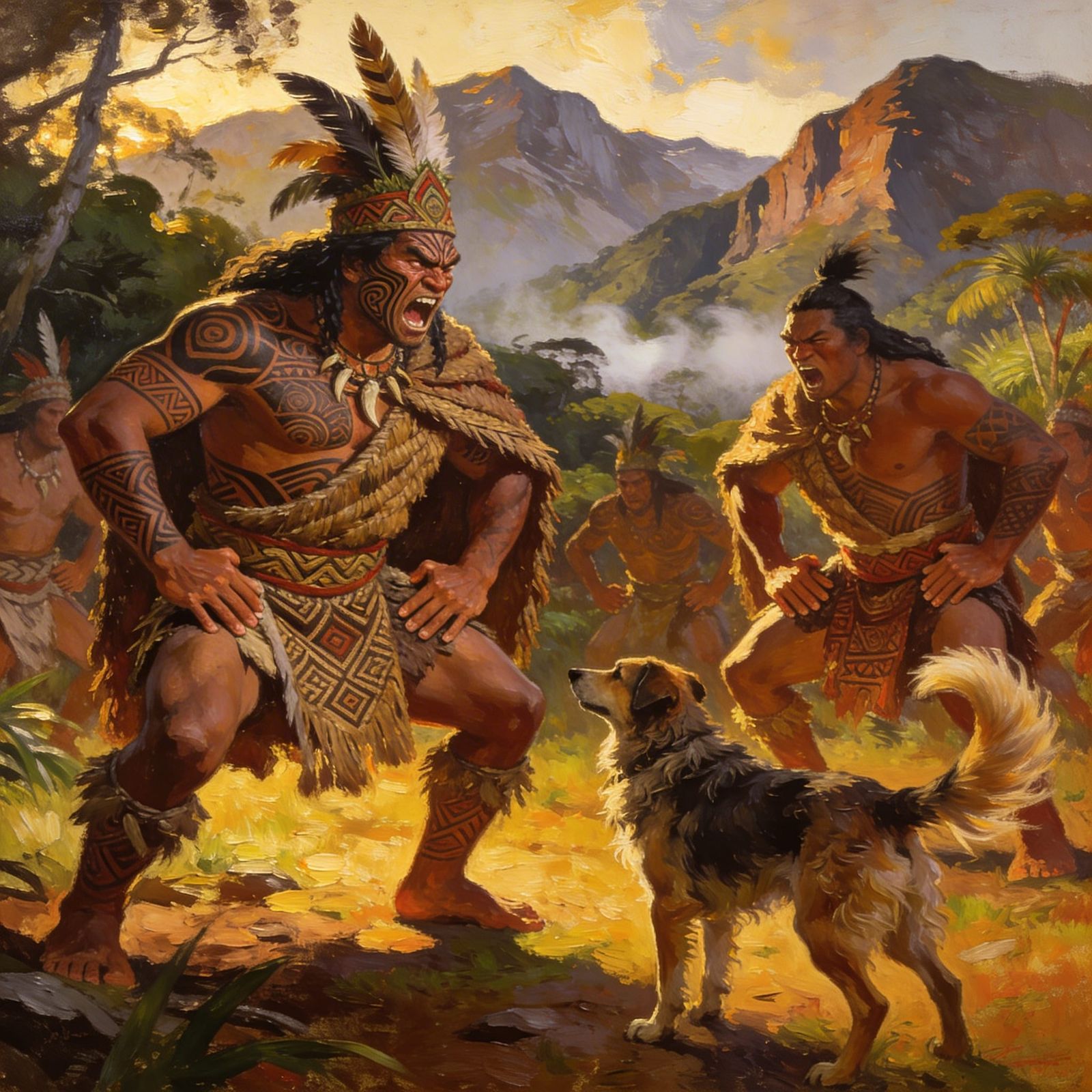 Maori Warriors Perform Haka in Wilderness Oil Painting
