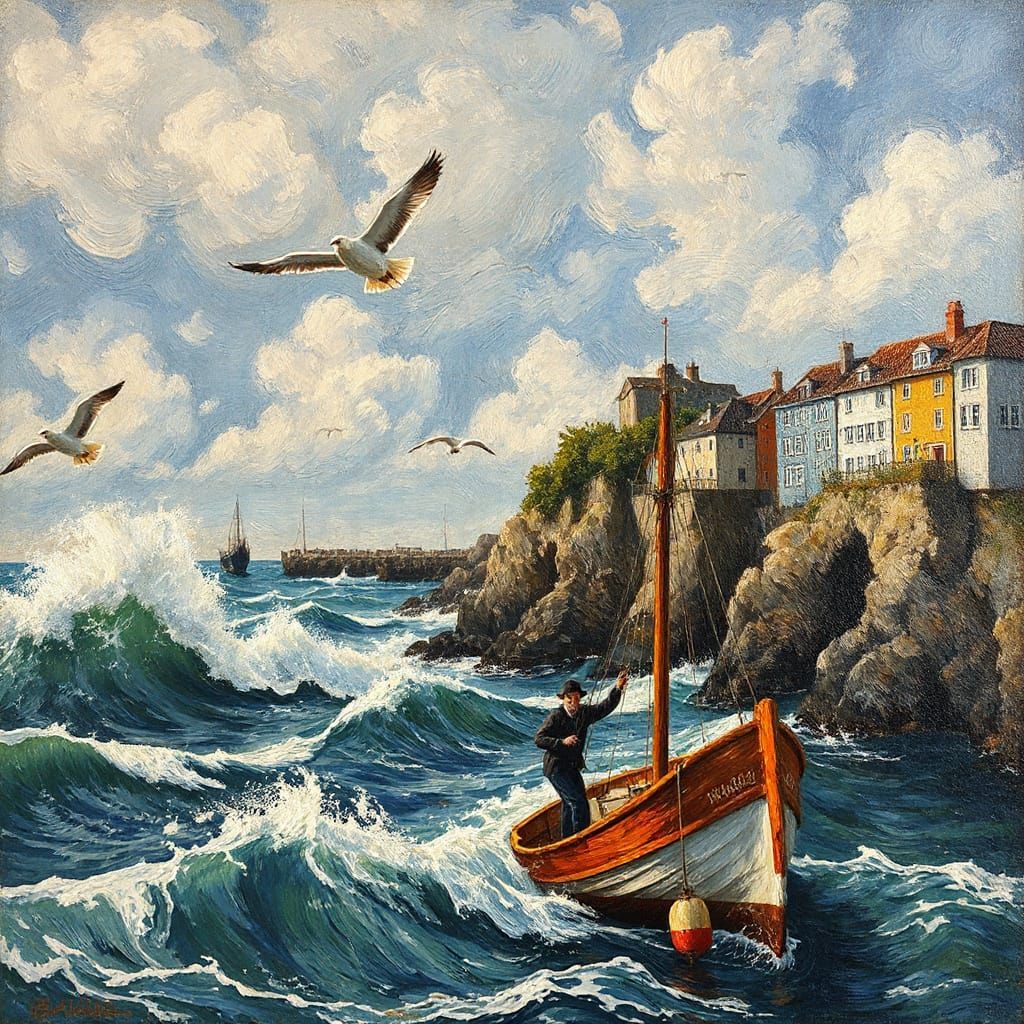 Expressive Stormy Harbor Scene with Soaring Seagulls and Rug...