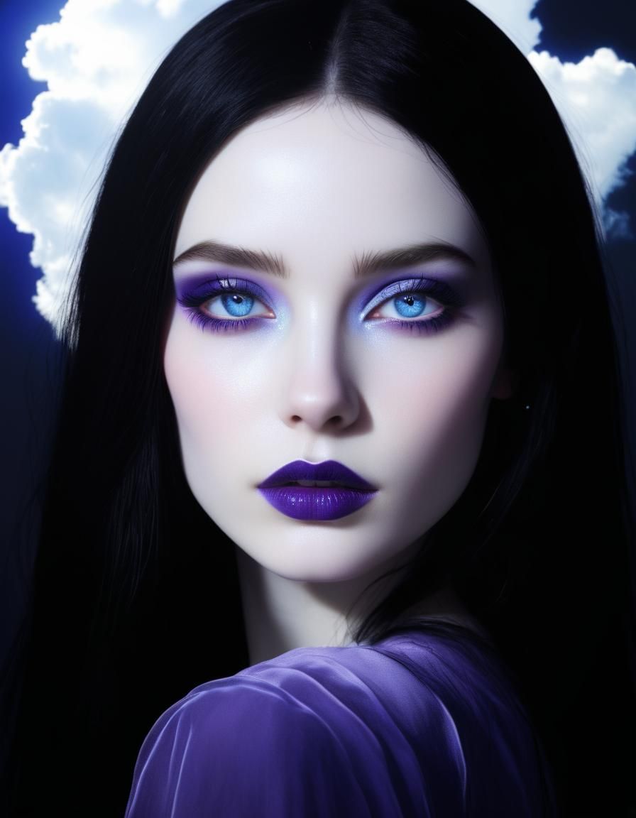 Ethereal gothic beauty with long black hair and crystal blue...