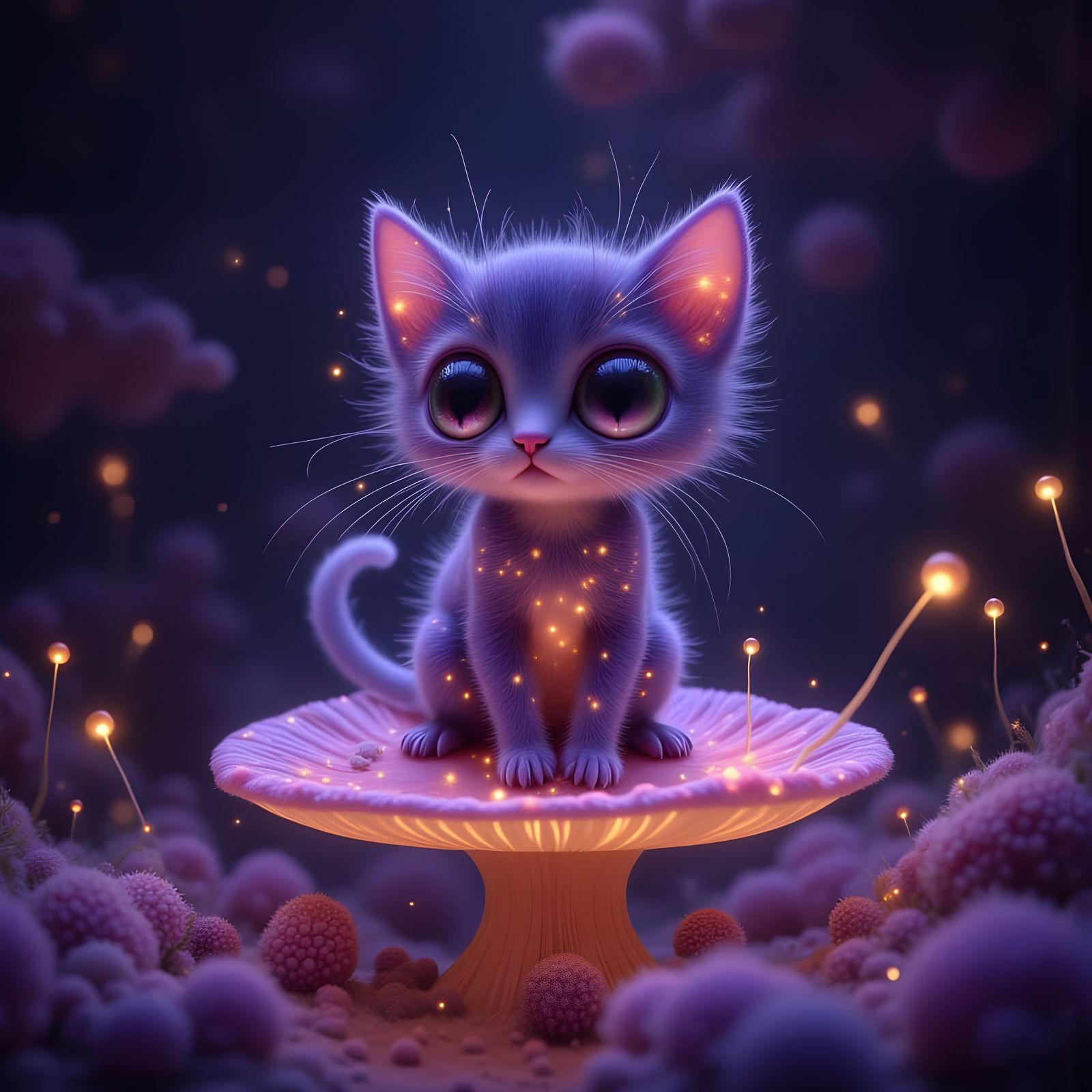 Adorable Fluffy Kitten Sitting on Mushroom with Fireflies